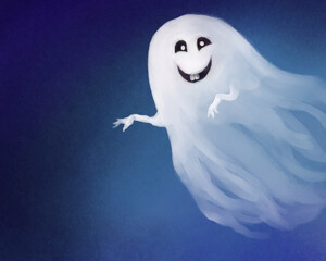 illustration of a cute funny drawn white ghost that is smiling. friendly ghost on blue background