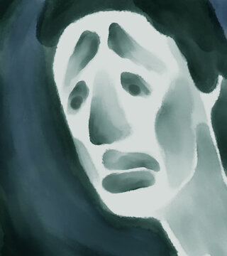 Drawn Dark Blue Portrait Of A Man. Depression, Despair And Loss. Mental Health