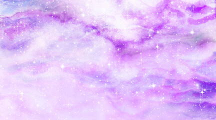 Pink and purple watercolor galaxy texture. Night starry sky background. Abstract art illustration. Fantazy univerce. Purple and pink clouds. Paint splash