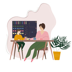 Fototapeta na wymiar Vector illustration in flat style on isolated background. Montessori teacher with a student. A child with a teacher play Montessori toys