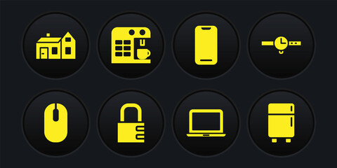 Set Computer mouse, Wrist watch, Safe combination lock, Laptop, Smartphone, Coffee machine, Refrigerator and House icon. Vector