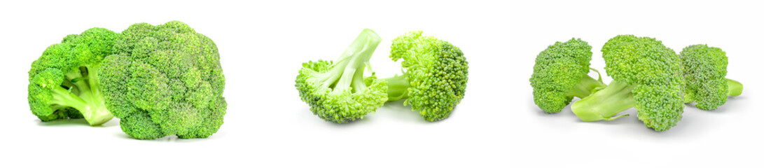 Collection of fresh head of broccoli close-up on white