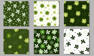 Set of green square seamless floral backgrounds in naive style.