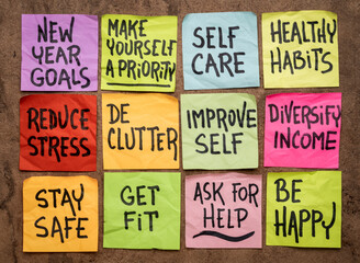 Fototapeta new year goals and resolutions focused on self care and healthy habits - set of colorful sticky notes obraz