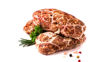 Traditional Cypriot Seftalia dish, raw, top view, on a white background, no people,