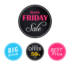 Collection of circle labels for Black Friday sale, Big offer, best price, Special offer. Round tags design set.