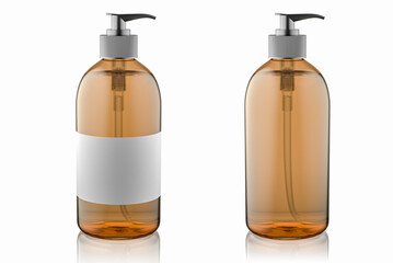 Amber glass pump bottle for cosmetics with blank white label. Mock-up. 3d render