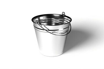 3d render illustration empty metal bucket with handle isolated on white background. Realistic new grey metal bucket icon. Classic jar.