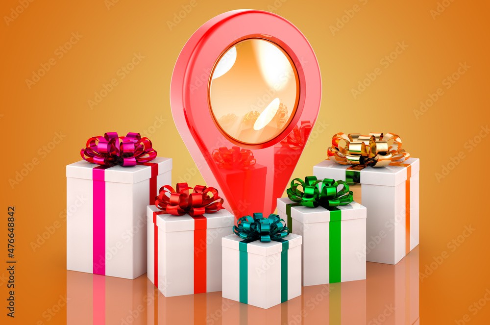 Poster map pointer with gifts, 3d rendering