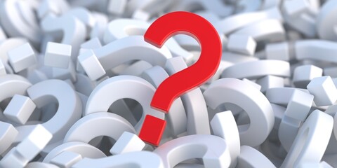 Red question mark on white color questionmarks pile background. Wondering why sign. 3d illustration