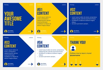 Microblog carousel slides template for instagram. Six pages with blue yellow big arrow theme. - obrazy, fototapety, plakaty