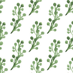 Seamless pattern with hand-drawn watercolor green branches with berries on white. Organic, natural, freshness concept for textile, print, etc.