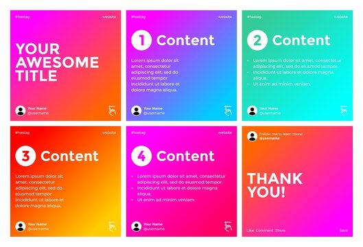 Microblog carousel slides template for instagram. Six pages with modern colors gradient theme.