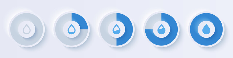 Water meter. Water level indicator. Loading circle with percentage. Gauge concept with blue drop. Animation. UI, User interface. Minimalistic 3d template. Realistic modern design. Vector illustration.