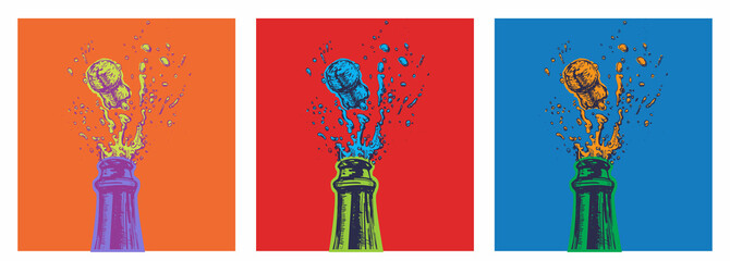 Hand drawn Illustration of Champagne explosion. Vector Illustration. Pop Art. Modern art. artificial art - obrazy, fototapety, plakaty