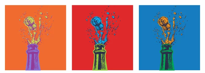 Poster Im Rahmen Handgezeichnete Illustration der Champagner-Explosion. Vektor-Illustration. Pop-Art. Moderne Kunst © martstudio