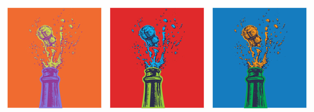 Hand drawn Illustration of Champagne explosion. Vector Illustration. Pop Art. Modern art