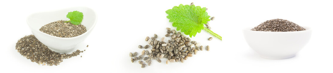 Collage of chia seeds isolated on a white background with clipping path