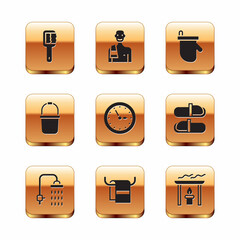 Set Sauna brush, Shower, Towel on hanger, clock, bucket, mittens, Aroma candle and Man in the sauna icon. Vector