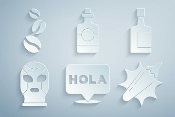 Set Hola, Tequila bottle, Mexican wrestler, Hot chili pepper pod, and Coffee beans icon. Vector © vector_v