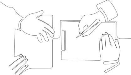 Continuous line drawing of a interview attractive executives man and woman asking questions to applicant about work history. One continuous line is the concept. Vector illustration