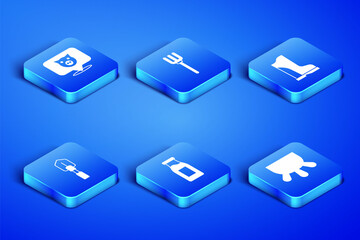 Set Udder, Pig, Bottle with milk, Shovel, Garden pitchfork and Waterproof rubber boot icon. Vector