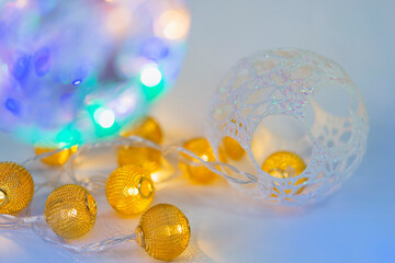 crochet balls, handmade christmas decoration and golden garland