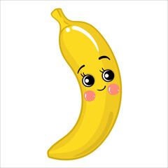 banana, Cartoon vegetables, fruits cute characters isolated on white background vector illustration. Cute Funny Fruit face icon vector collection for kids. Food emoji. Funny food concept.