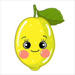 Lemon, Cartoon vegetables, fruits cute characters isolated on white background vector illustration. Cute Funny Fruit face icon vector collection for kids. Food emoji. Funny food concept.