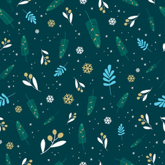 Christmas seamless pattern with fir branches and snowflakes. Winter pattern for wrapping paper with branches, berries and fir trees on a blue background.