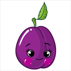plum, Cartoon vegetables, fruits cute characters isolated on white background vector illustration. Cute Funny Fruit face icon vector collection for kids. Food emoji. Funny food concept.