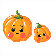 pumpkin, Cartoon vegetables, fruits cute characters isolated on white background vector illustration. Cute Funny Fruit face icon vector collection for kids. Food emoji. Funny food concept.