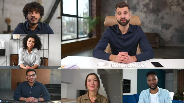Morning meeting on the distance. Young competent male manager leading online meeting, diverse colleagues involved video conference, listening carefully. Video call, online communication, brainstorm