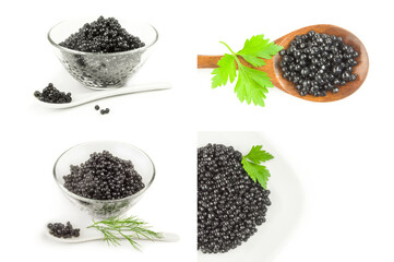 Collection of black fish eggs isolated on white