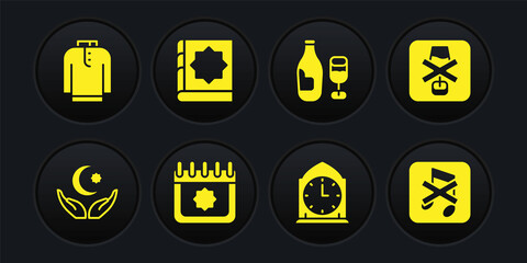 Set Star and crescent, No alcohol, Ramadan calendar, Clock, Wine bottle with glass, Holy book of Koran, Speaker mute and Shirt kurta icon. Vector
