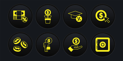 Set Coin money with dollar, Business man planning mind, Hand giving, Graduation cap coin, Dollar plant, Safe and Money percent icon. Vector