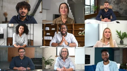 Online webinar concept. Video chat of diverse people. Video screen with a group of multiracial employees, brainstorm online. Crowded screen with multiracial colleagues greeting and talking online