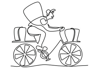 bicycle courier, delivers the parcel to people. Vector illustration drawn by hand on a white background by one continuous line