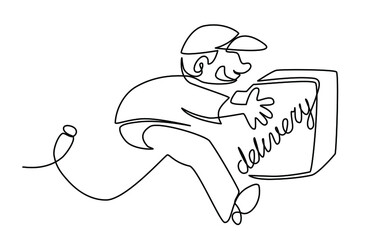 the courier runs, delivers the parcel to people. Vector illustration drawn by hand on a white background by one continuous line