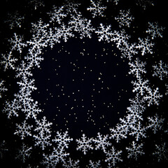 Christmas frame in cold tones for greeting card. winter background, snowflakes frame. Round frame made of snowflakes.