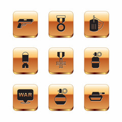 Set Pistol or gun, The word war, Hand grenade, Military reward medal, Rocket launcher, dog tag, tank and icon. Vector