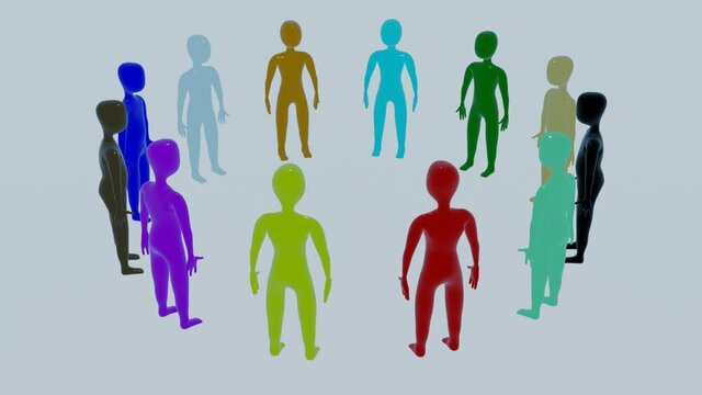 Diverse team of people of many different colors stand in a circle. The Camera goes around the team. 4k animation/render