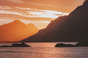 Lofoten islands sunset landscape in Norway scandinavian nature sea and mountains beautiful travel destinations evening scenic view - obrazy, fototapety, plakaty