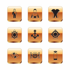 Set Wetsuit for scuba diving, Flippers swimming, Photo camera diver, Anchor, Turtle, Aqualung and icon. Vector