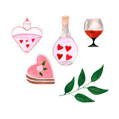 Romantic watercolor collection with pink perfume and dessert, green sprig, bottle and grocery on white background