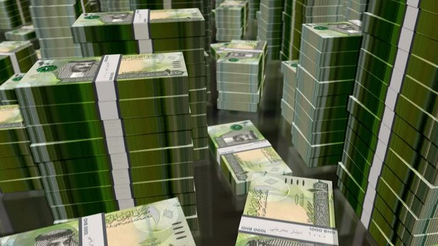 Bahrain Dinar money notes packs loop. 3D flight over BHD banknotes stacks towers. Loopable seamless abstract background concept of business, economy crisis and finance.