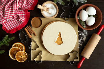 Culinary christmas background with baking ingredients