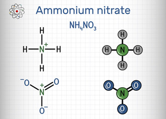 Ammonium nitrate, NH4NO3 molecule. It is ammonium salt of nitric acid. Used to make fertilizers and explosives, in producing antibiotics and yeast. Sheet of paper in a cage