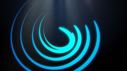 3d illustration of abstract shiny blue circle design elements on dark background.