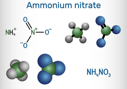 Ammonium nitrate, NH4NO3 molecule. It is ammonium salt of nitric acid. Used to make fertilizers and explosives, in producing antibiotics and yeast. Structural chemical formula, molecule model